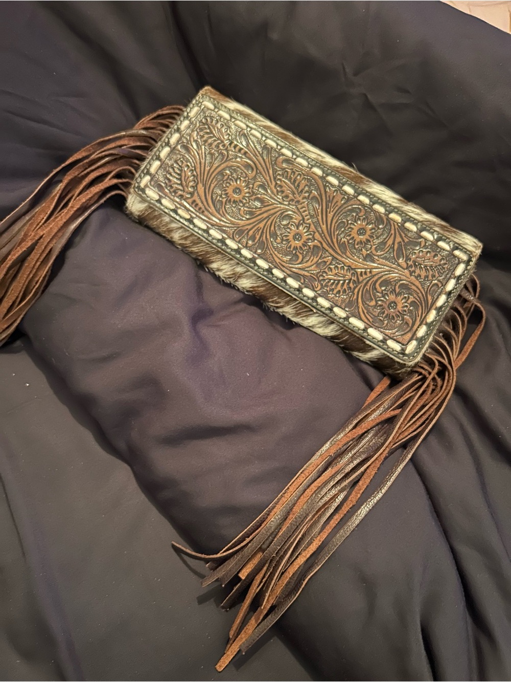 Brown Tooled Leather Fringe Wristlet Clutch